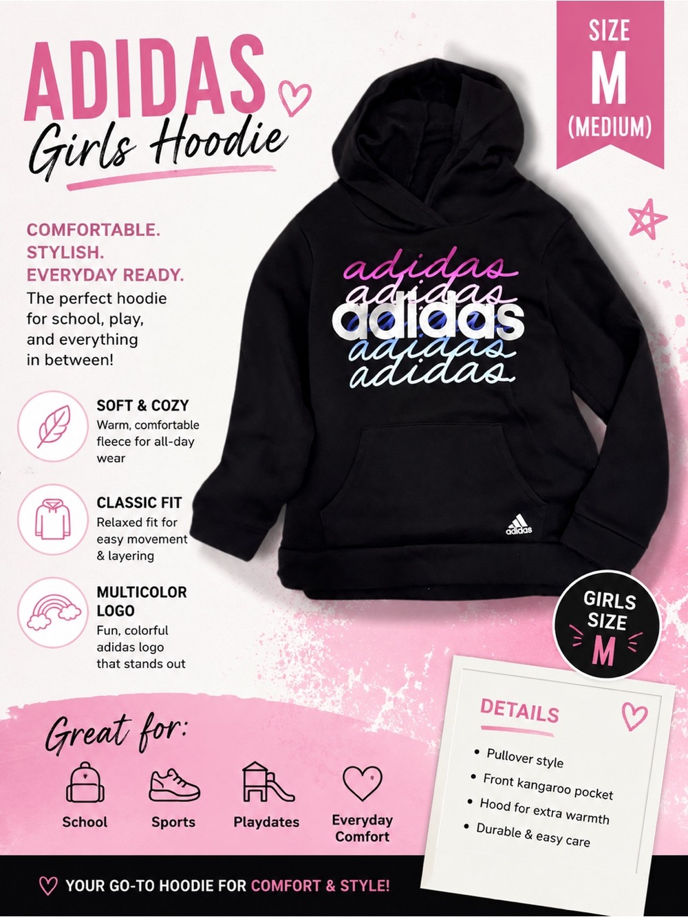 Adidas Kids Black Hoodie with Multicolor Logo